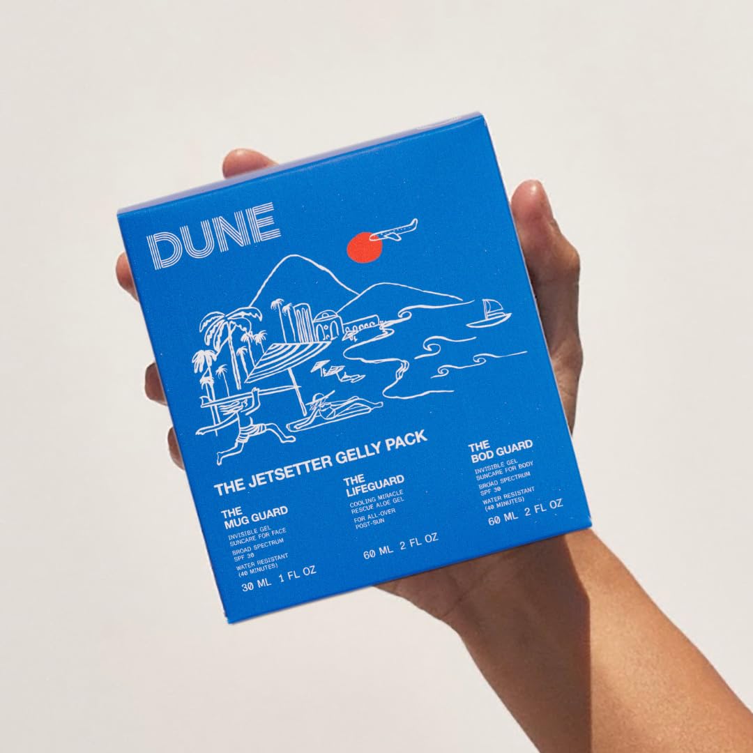 DUNE Suncare Jetsetter Gelly Pack Mini Travel Set - 7x Award-Winning Dermatologist Recommended Clear Gel Suncare for Face and Bo