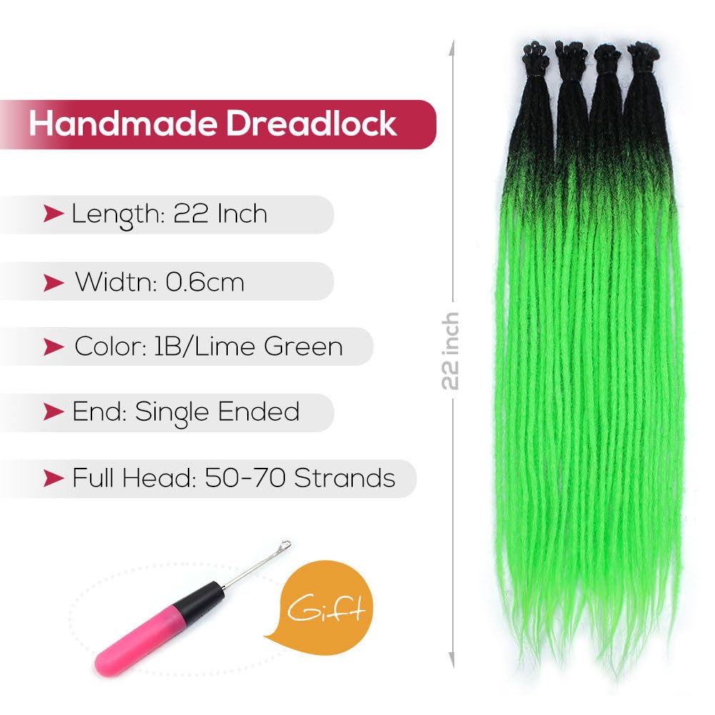 Kraler 22 Inch 40 Strands Green Dreadlock Extensions, Thin 0.6Cm Width Synthetic Crochet Dreads Extensions 100% Handmade Single