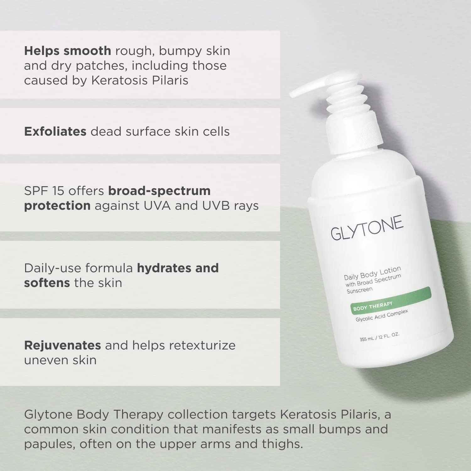 Glytone Daily Body Lotion Broad Spectrum SPF 15 with Glycolic Acid & Shea Butter, Retexturizing Moisturizer, Fragrance Free, 12