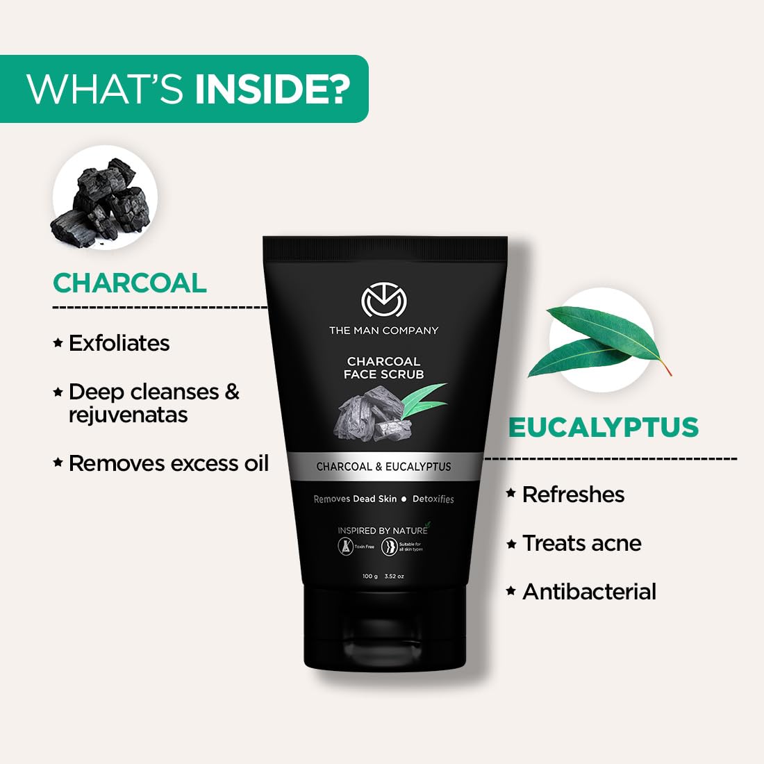 The Man Company Natural Charcoal Face Scrub with Lemongrass and Eucalyptus - 3.5 Oz. | Skin Exfoliating & Detox, Anti Acne, Blac