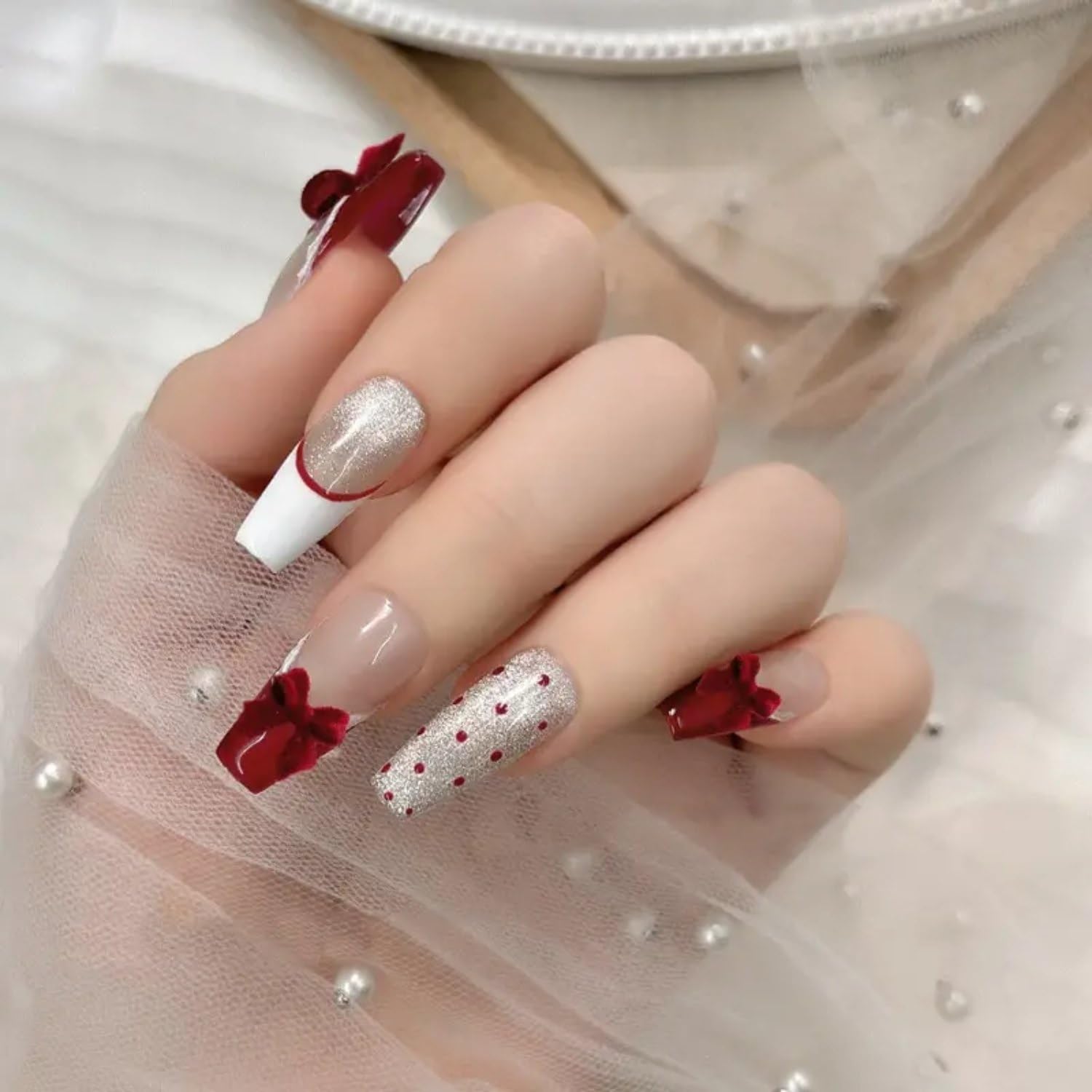 50Pcs Bow Nail Charms 3D Red Ribbon Bow Nail Art Charms Premium Velvet Flat Back Nail Designs Charms Cute Red Resin Bow Nail Art