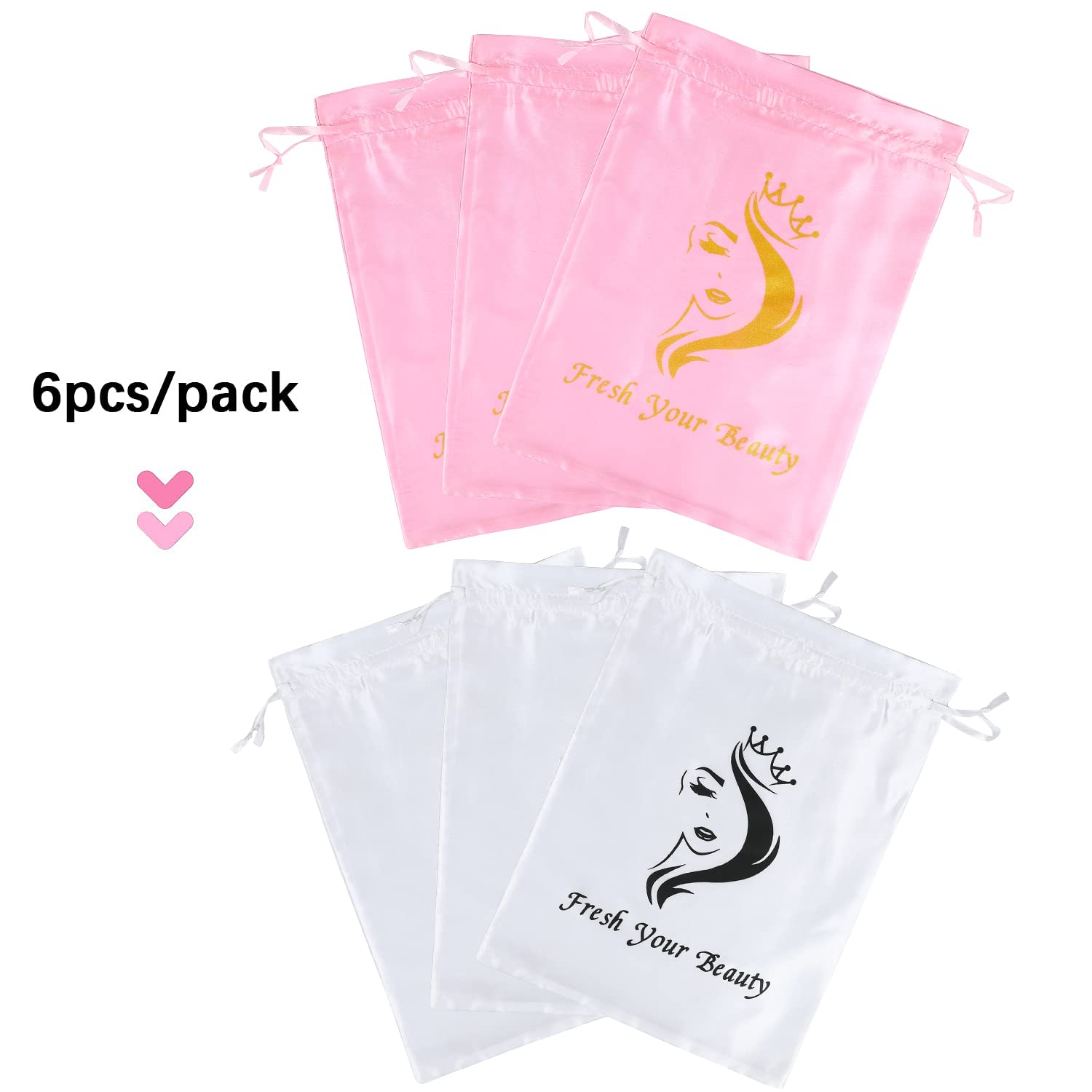 AliLeader 6 Pcs Silk/Satin Wig Storage Bags, Drawstring Travel Bag for Bundles,Wigs,Hair Extensions,Gift(White, Pink)