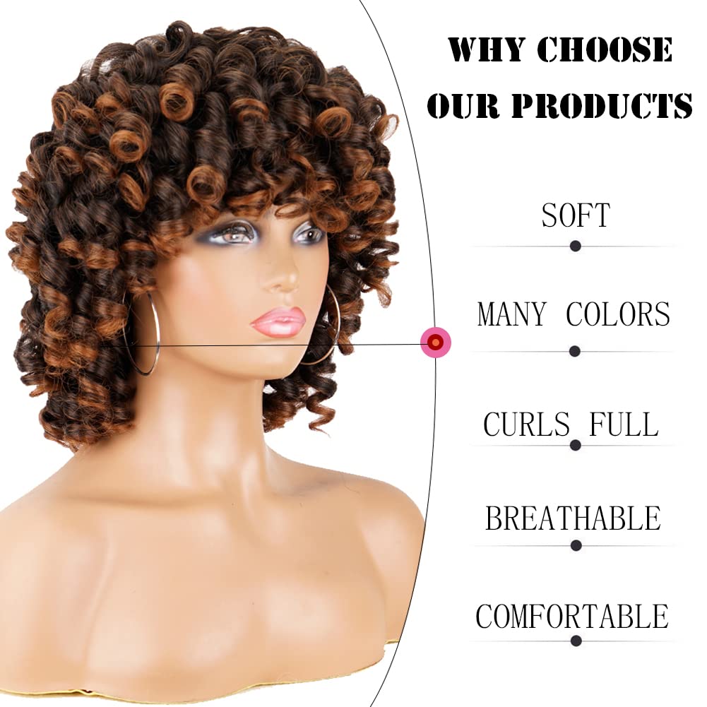 Andromeda Curly Wigs For Black Women Brown Short Curly Wig With Bangs Soft Afro Kinky Curly Synthetic Wig For African American W