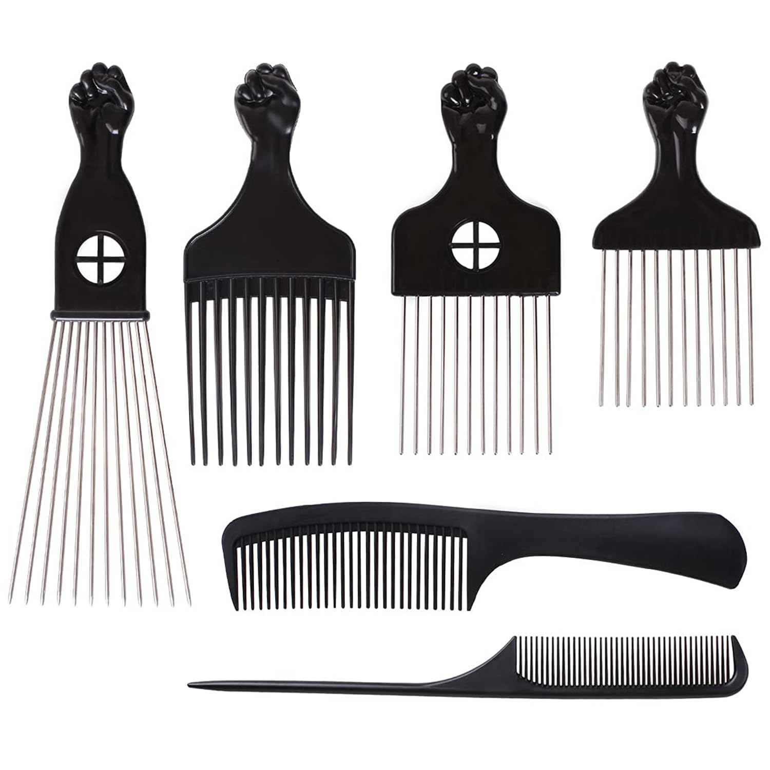 COOKOO 6 Pack Mixed Metal Afro Hair Pick Hair Comb for Women and Men for Thick Natural Curly Hair Detangle Wig Anti Static Styli