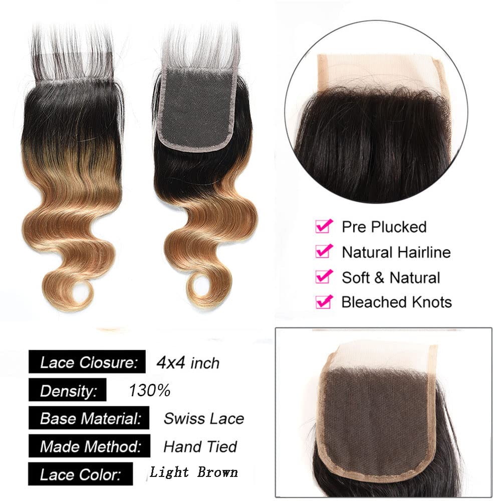 Ombre Lace Closure 4X4 Transparent Lace 14 Inch Free Part With Baby Hair Body Wave Closure For Women Pre Plucked Natural Hairlin