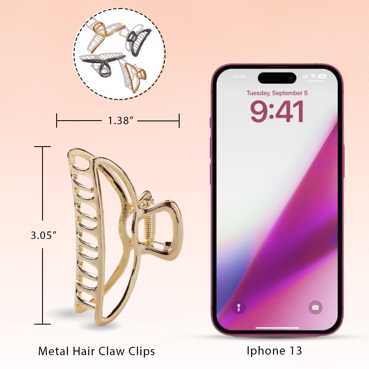 Kitsch Metal Hair Claw Clips Set | Assorted Hair Accessories In Gold & Hematite | Durable Clips For Women | Elegant Hair Claws F