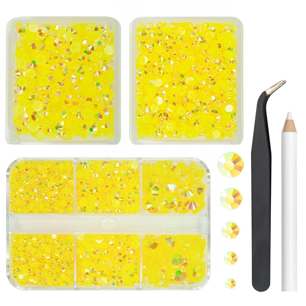 qiipii 3 Boxes 5070PCS Lemon Yellow AB Resin Rhinestones for Crafting Citrine AB Flatback Jelly Stones 2mm 3mm 4mm 5mm 6mm Non-H
