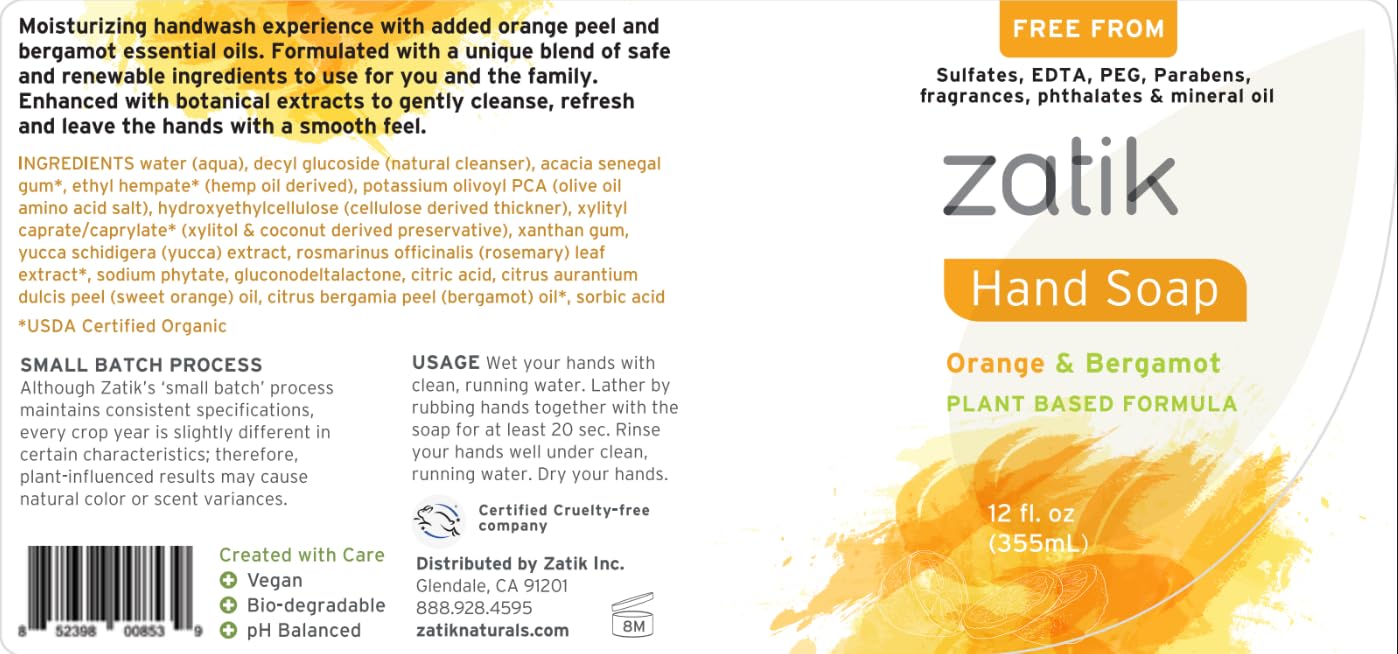 Zatik Naturals - Liquid Hand Soap with Orange & Bergamot, Moisturizing Handwash, 12 fl oz (Pack of 6)