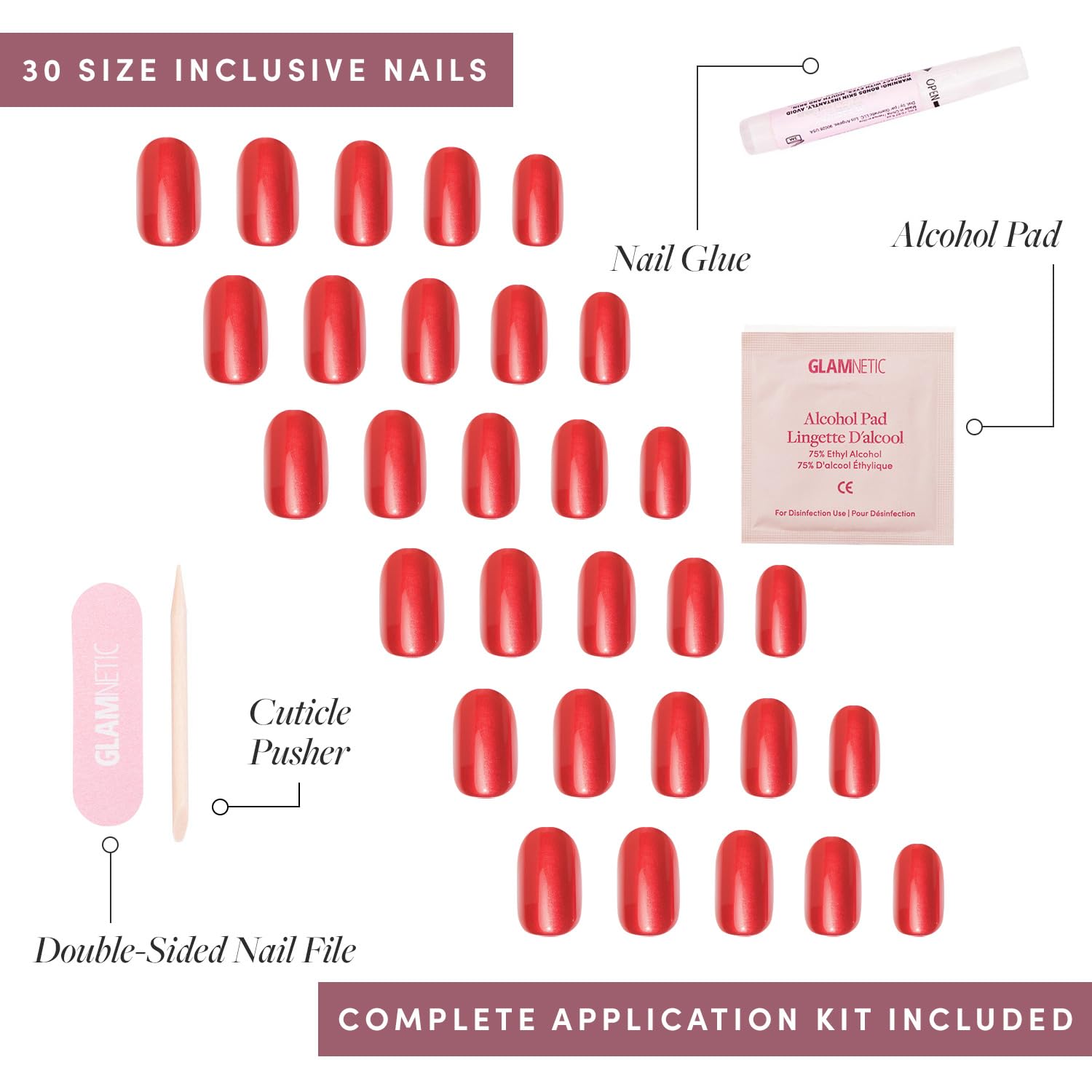 Glamnetic Press On Nails - Cherry Glaze | Short Round Bright Cherry Red Nails With A Glaze Finish | 15 Sizes - 30 Nail Kit With