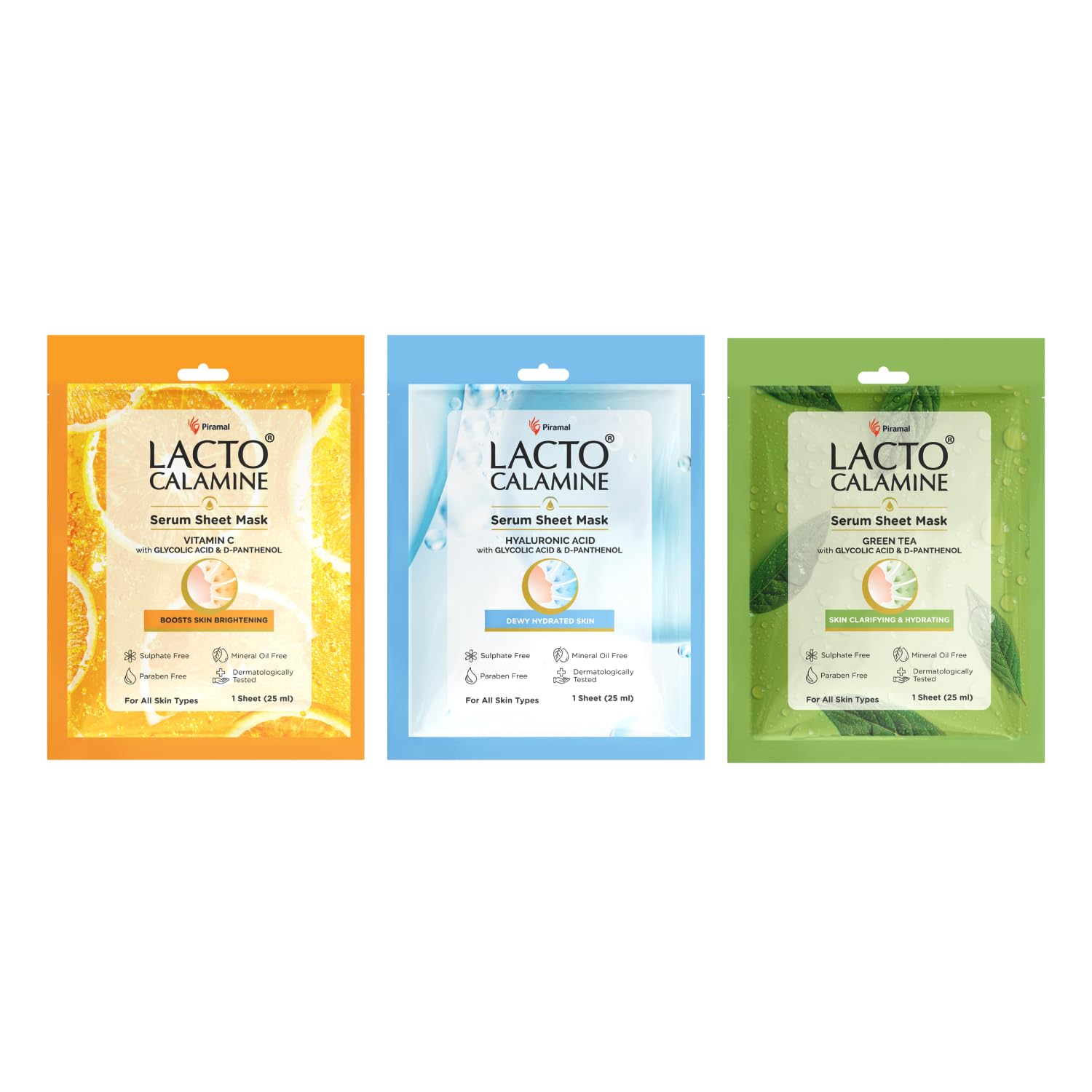 Lacto Calamine Face Sheet Masks | 270G (Pack Of 9) Combo Pack | Face Sheet Masks With Vitamin C Serum, Hyaluronic Acid Serum & G