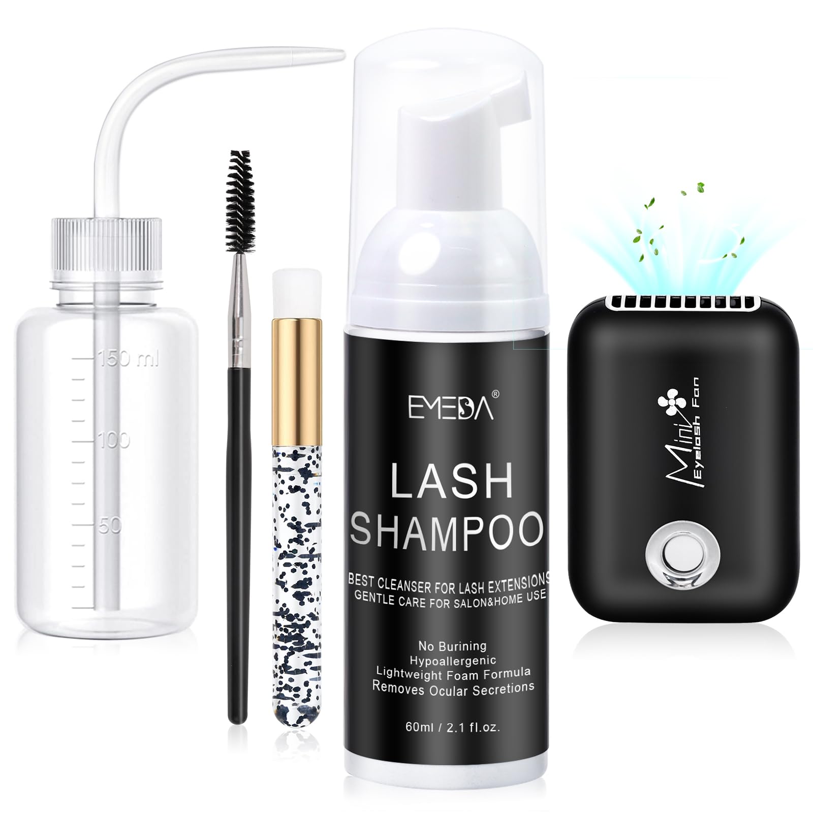 Emeda Lash Shampoo Kit Cleaning Bath - Lash Cleanser For Extensions, Usb Mini Portable Fan Brush Wash Bottle, Oil Free Lash Foam