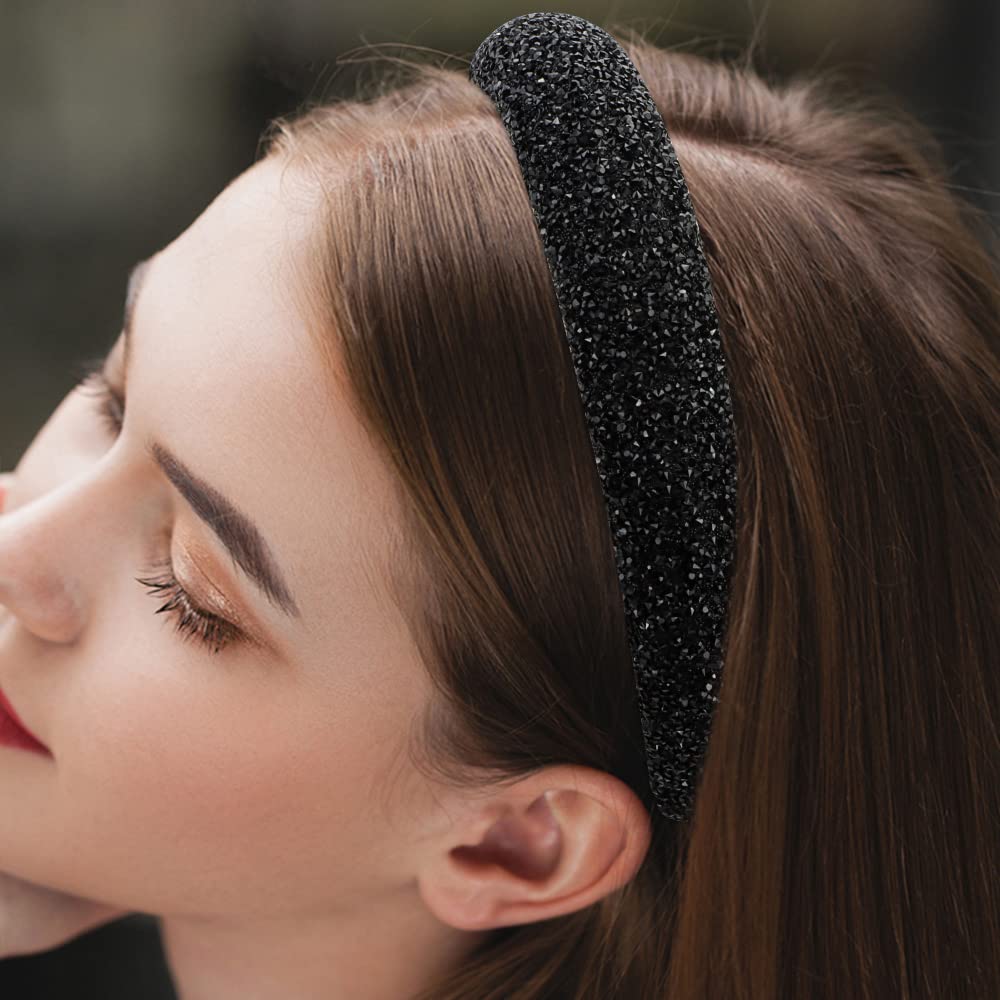 Atoden Black Rhinestone Padded Sequin Diamond Glitter Sparkle Jeweled Bling Headbands For Women'S Hair