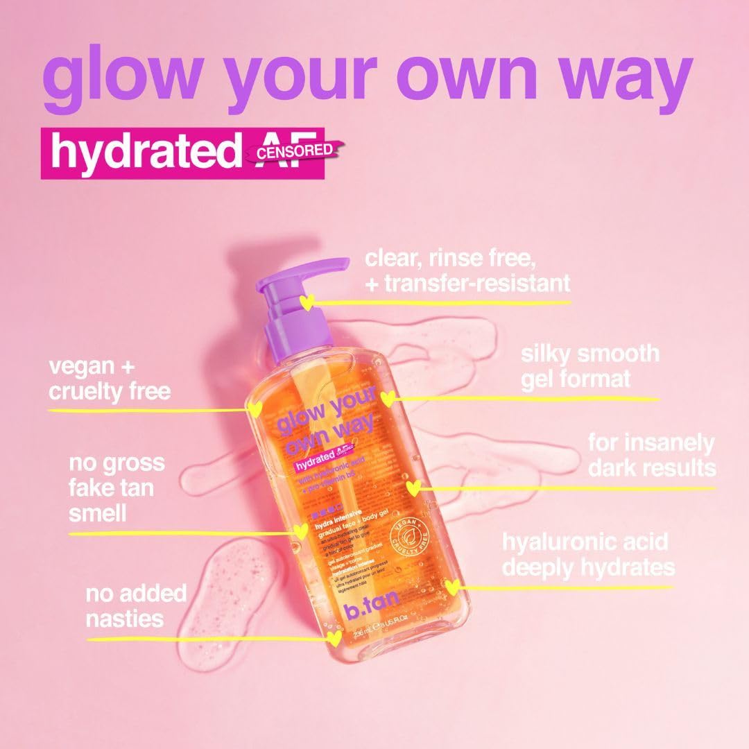 b.tan Face & Body Clear Self Tan Gel | Glow Your Own Way Hydrated - Ultra Hydrating, Transfer-Resistant, Gradual Sunless Tanning