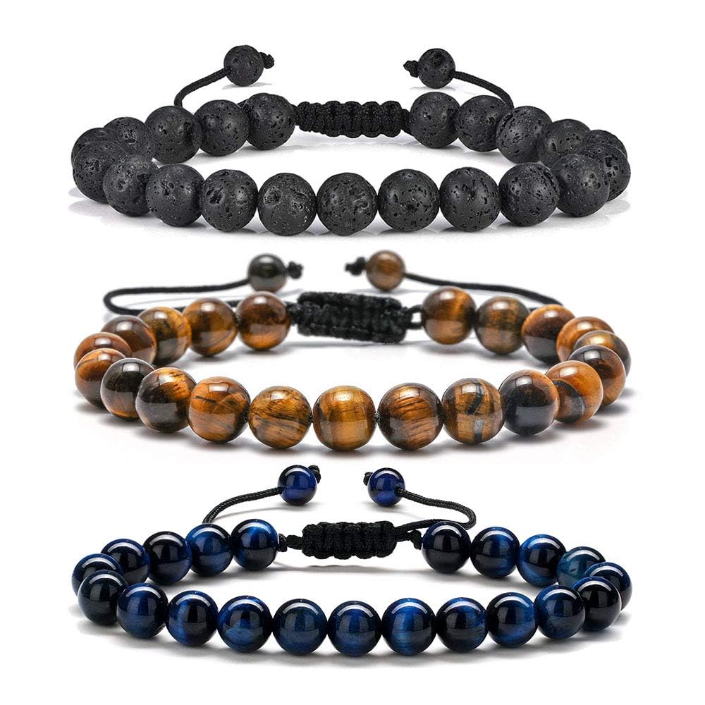 M MOOHAM Gifts for Male Coworkers Mens - Natural Black Lava Rock Stone Mens Anxiety Tiger Eye Bracelets Adjustable Aromatherapy 