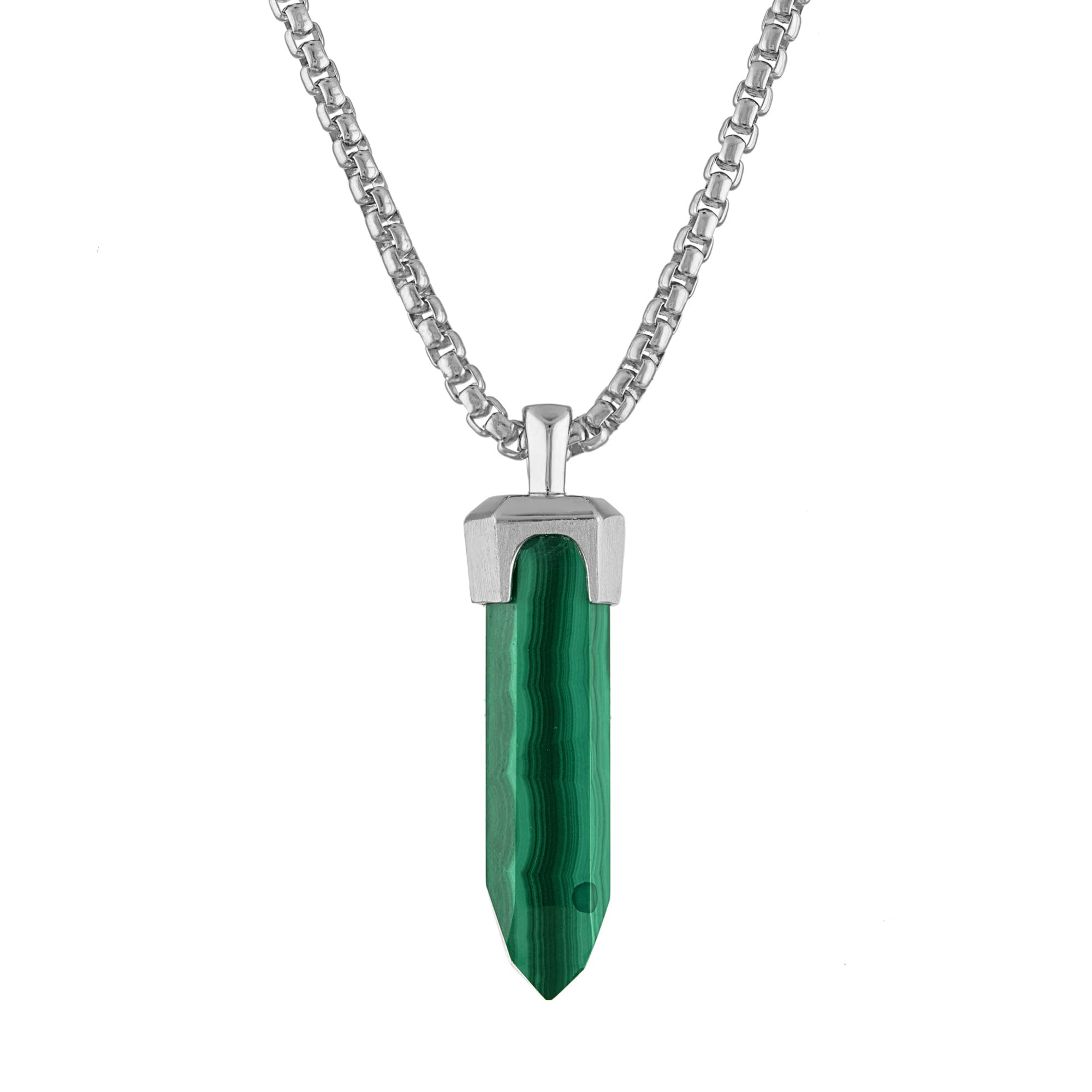 Bulova Jewelry Mens Icon Green Malachite Obelisk Shaped Pendant and Sterling Silver Rounded Box Link Chain Necklace,Length 24-2