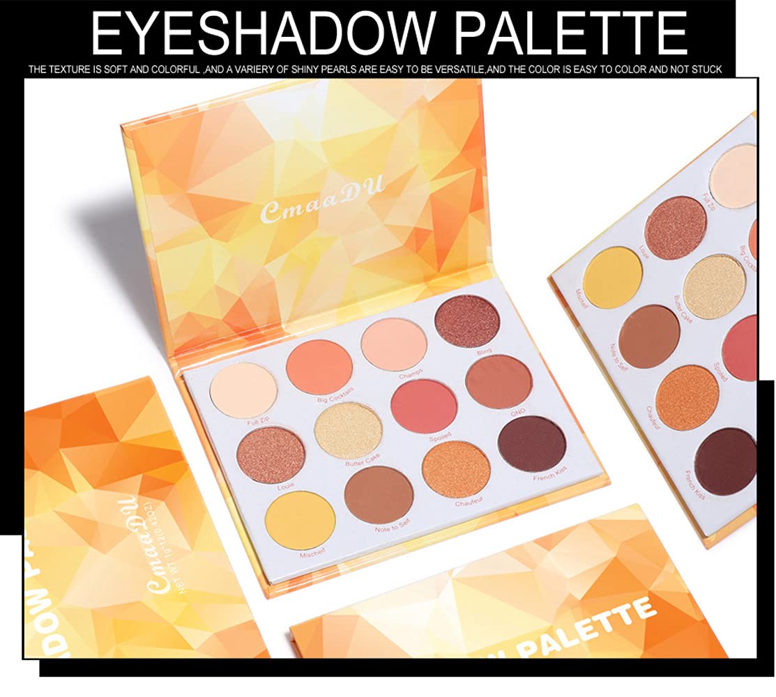 Yeweian Glitter Matte Eyeshadow Palette - 12 Colors, High Pigmented, Waterproof, 0.04 oz - Shimmering Yellow and Orange Shades for Women