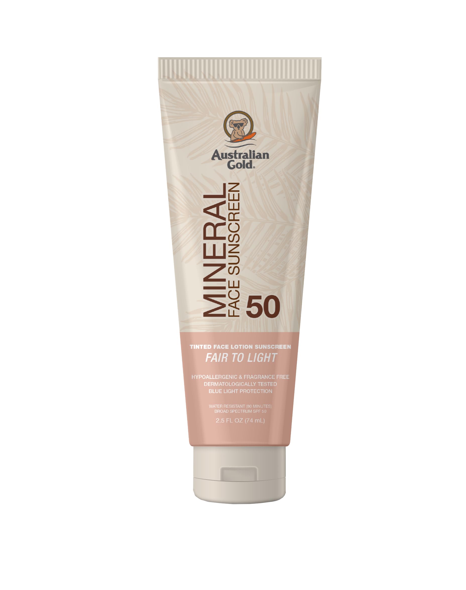 Australian Gold SPF 50 Tinted Mineral Face Sunscreen, Fair to Light, 2.5 fl oz, Broad Spectrum, Non-Greasy BB Cream with Blue Li