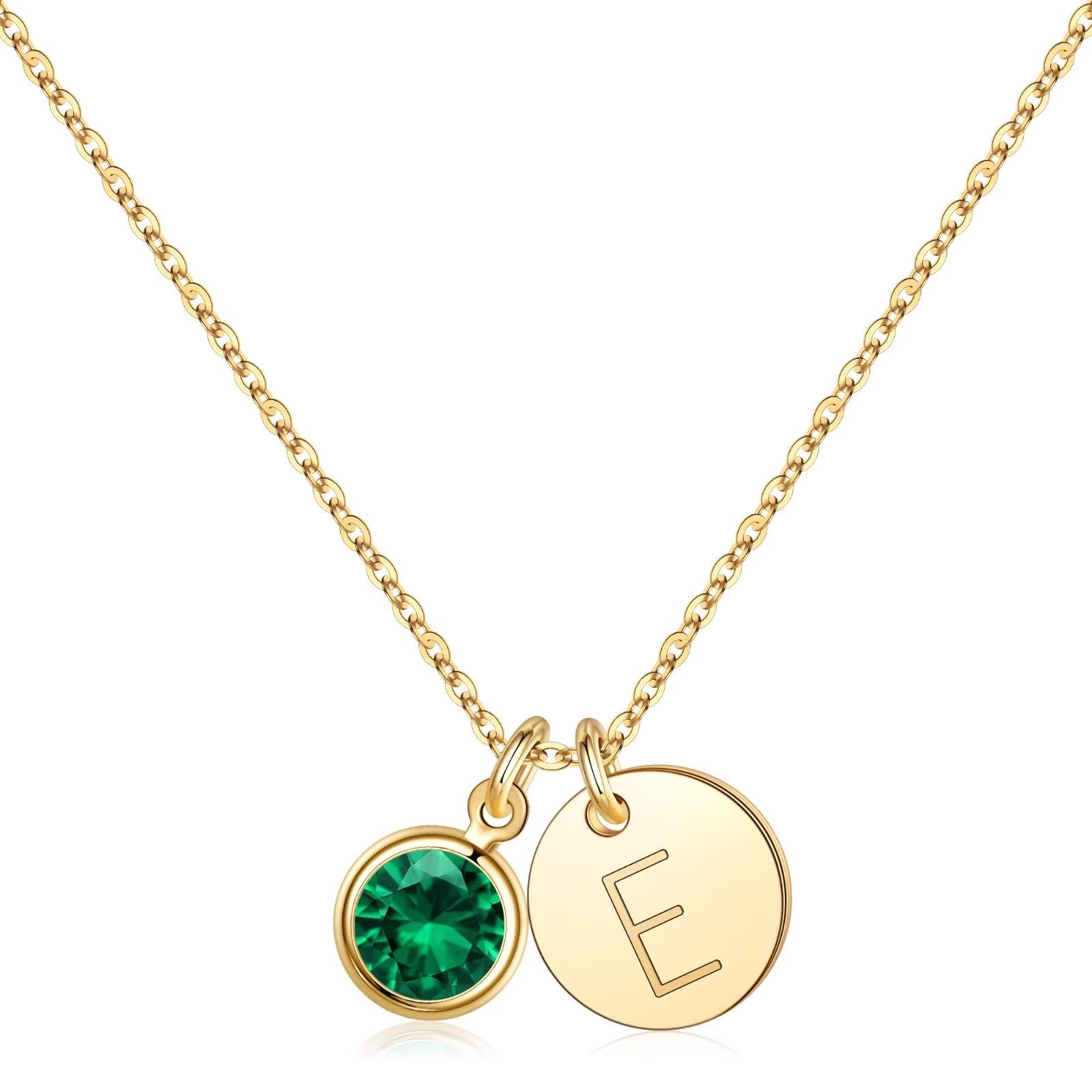 Hidepoo Valentines Day Gifts - Initial Birthstone Necklace, Disc Initial Necklace Personalized Gifts May Birthstone Jewelry E In