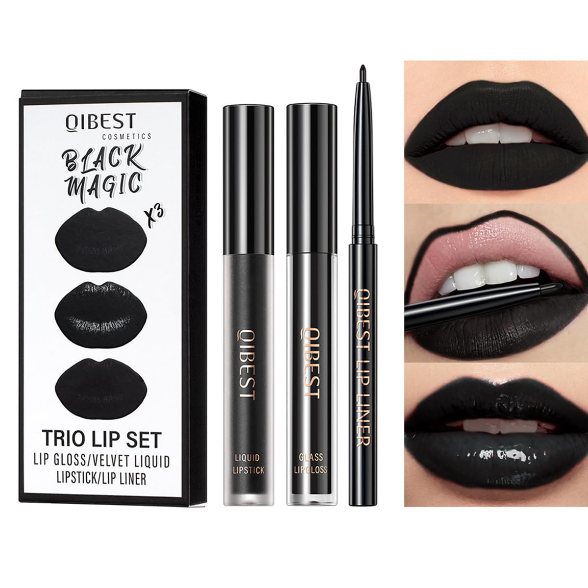 Pakivs 3Pcs Black Matte Liquid Lipstick,Lip Liner,Lip Gloss Trio Lip Set Waterproof Long-Lasting Moisturizing Velvety Lip Stain
