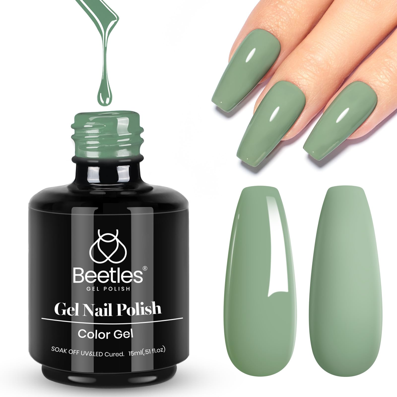 Beetles Gel Nail Polish Eucalyptus Pastel Green Nail Polish, 15ml Emerald Olive Sage Green Gel Polish, Soak Off U V LED Nail Lam