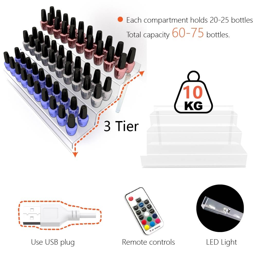Care&More Yj 12 In Clear Acrylic Perfume Organizer With Led, Nail Polish Rack Cologne Holder,3 Tier Display Riser Shelf ,Toys, C