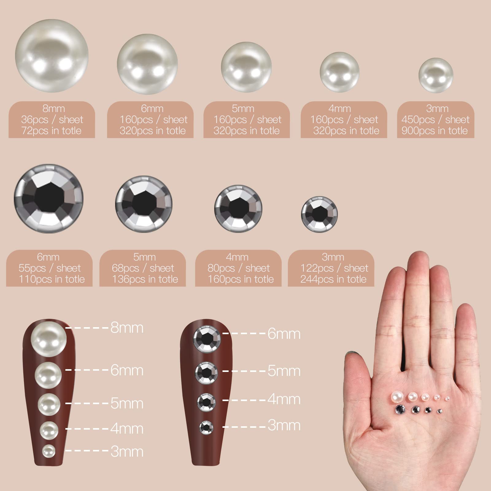 Teenitor 2582Pcs Hair Pearls Hair Gems Face Gems, Hair Pearls Stick On, Hair Face Jewels Face Hair Gems 3/4/5/6/8Mm Hair Pearls