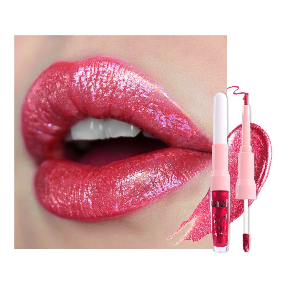 Kaely 2-in-1 Bright Red Metallic Lipstick and Lip Liner Makeup, Shimmer Liquid Metallic Lipsticks for Women, Glitter Lip Gloss S