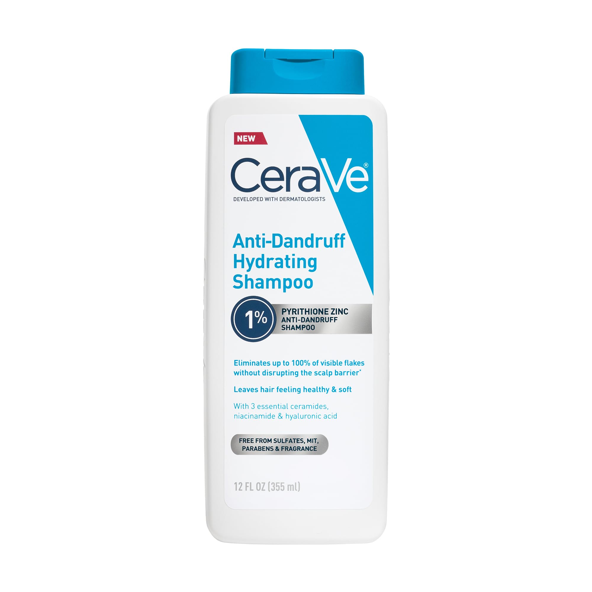 CeraVe Hydrating Anti Dandruff Shampoo, 1% Pyrithione Zinc Dandruff Treatment With Ceramides, Niacinamide & Hyaluronic Acid, Hel