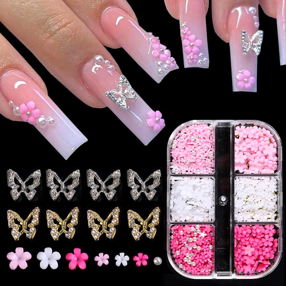 3D Flower Nail Charms, 3D Acrylic Flower White Pink Blossom Petal with Pearls Beads, Metal Alloy Gold Silver Butterfly with Rhin