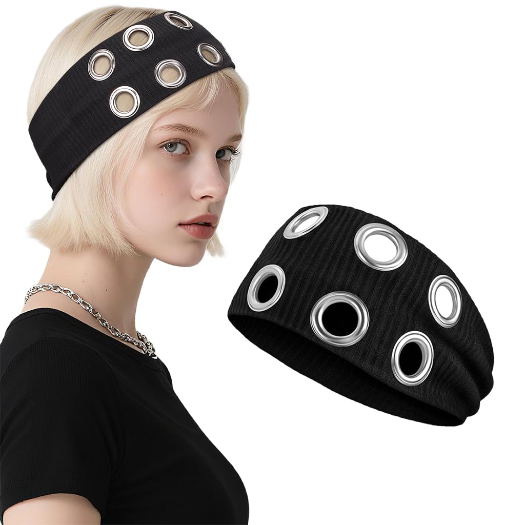 Sannidhi Hairband For Woman Black Hollow Out Eyelets Elastic Headbands Y2K Punk Grunge Fashion Wide Headpiece Grommet Eyelet Des