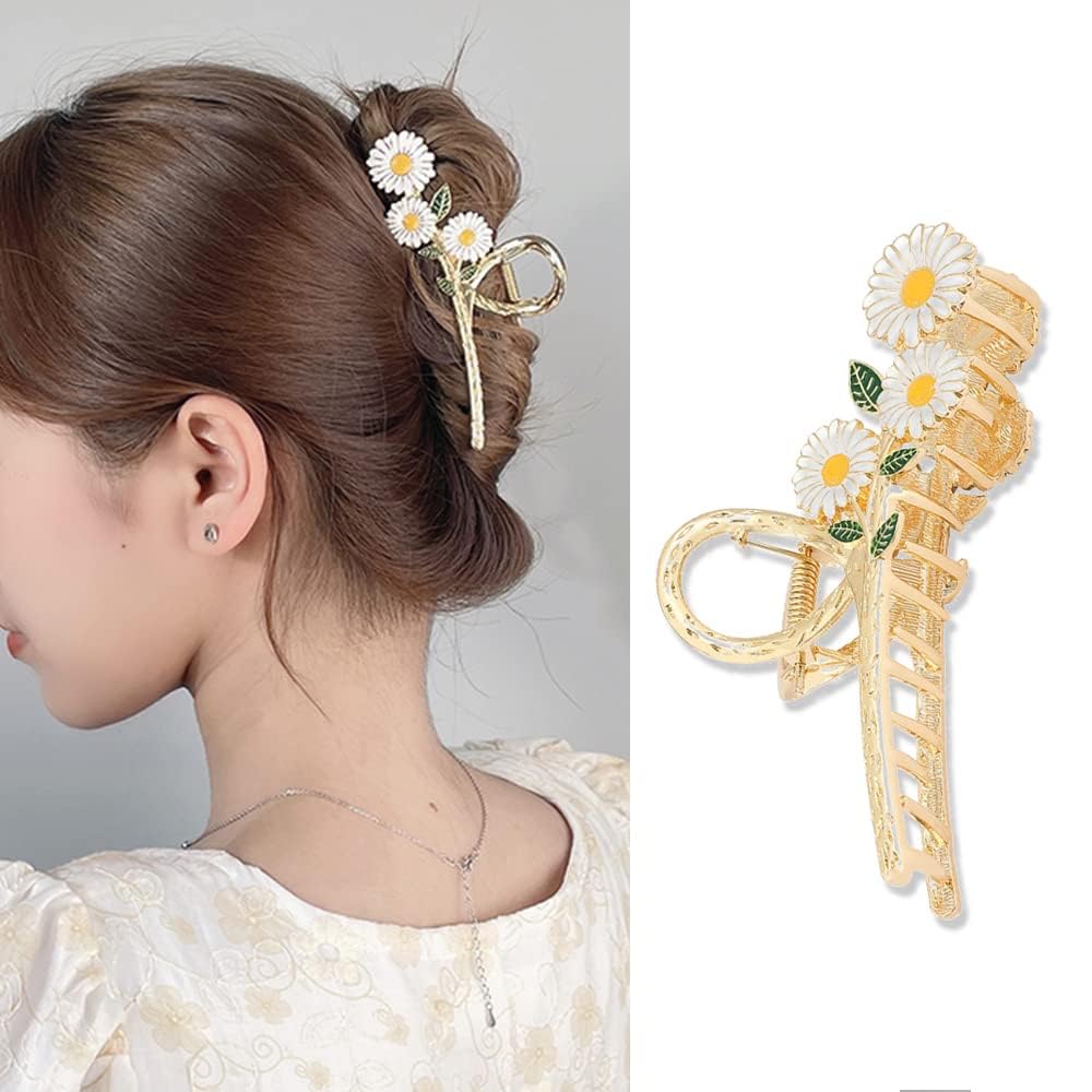 Flower Hair Claw Clips White Daisy Large Hair Jaw Clips Metal Gold Hair Clips Non Slips Fashion Hair Barrettes Hairpins Hair Acc