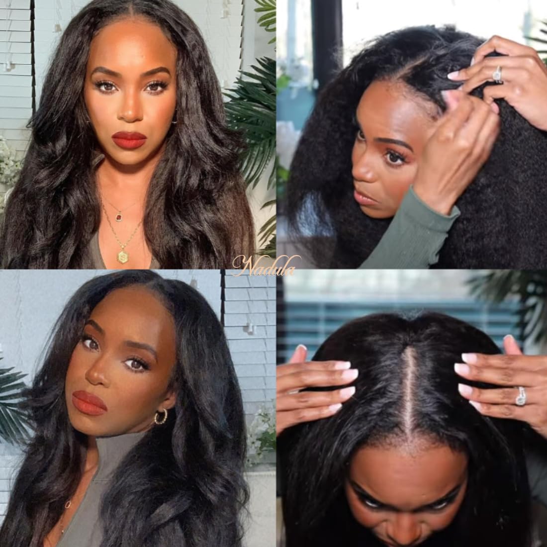 Nadula V Part Wig Yaki Straight Human Hair No Leave Out Glueless Upgraded U Part Wigs For Women,10A Yaki Straight V-Part Wigs V