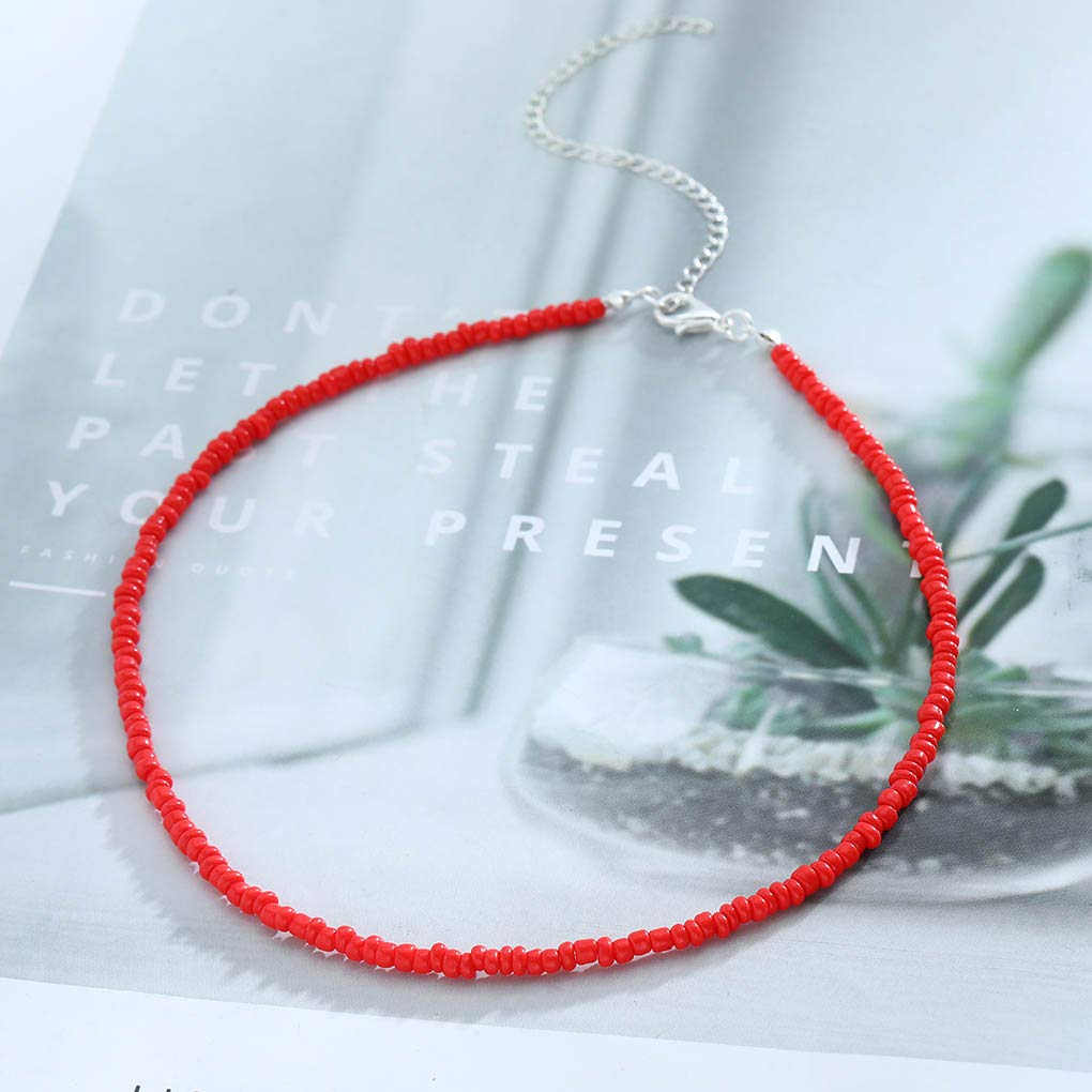 Yalice Boho Choker Necklace Chain Rice Beaded Necklaces Summer Surfer Costume Neck Accessories for Women (Red)