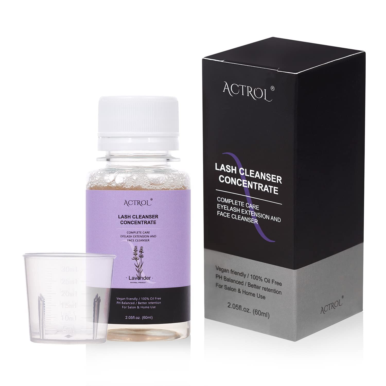 ACTROL Eyelash Cleanser Concentrate 60ml Lavender Professional Lash Shampoo Foaming Cleanser DIY Wash for Extensions Lashes with