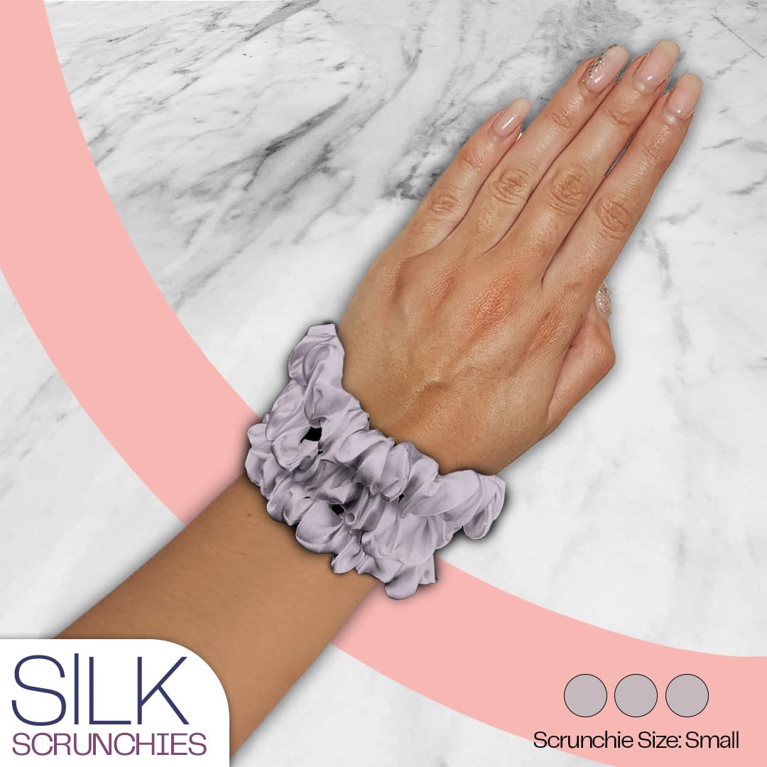 Celestial Silk Mulberry Silk Scrunchies For Hair - Small Silk Hair Ties (Silver)