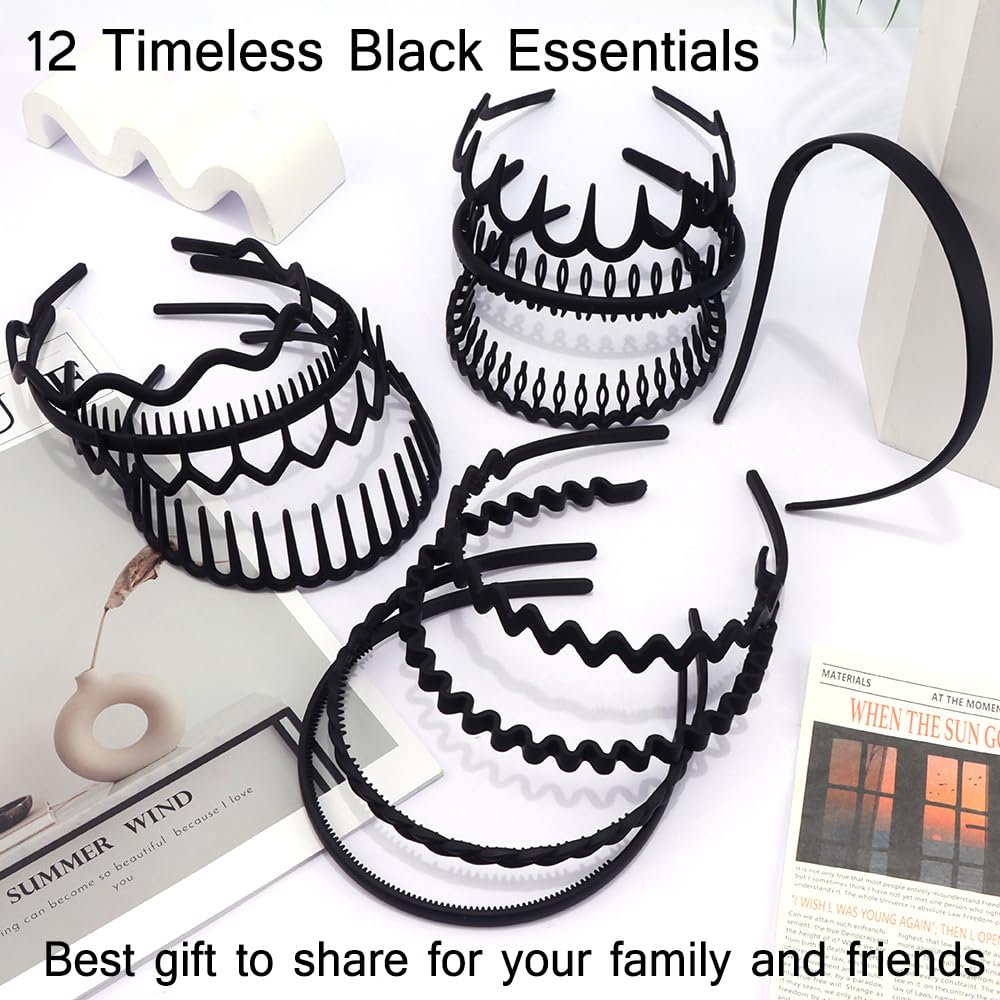 TOBATOBA 12Pcs Black Headbands for Women with Teeth Plastic Head Bands for Women's Hair Non Slip Comb Skinny Zig Zag Headbands F