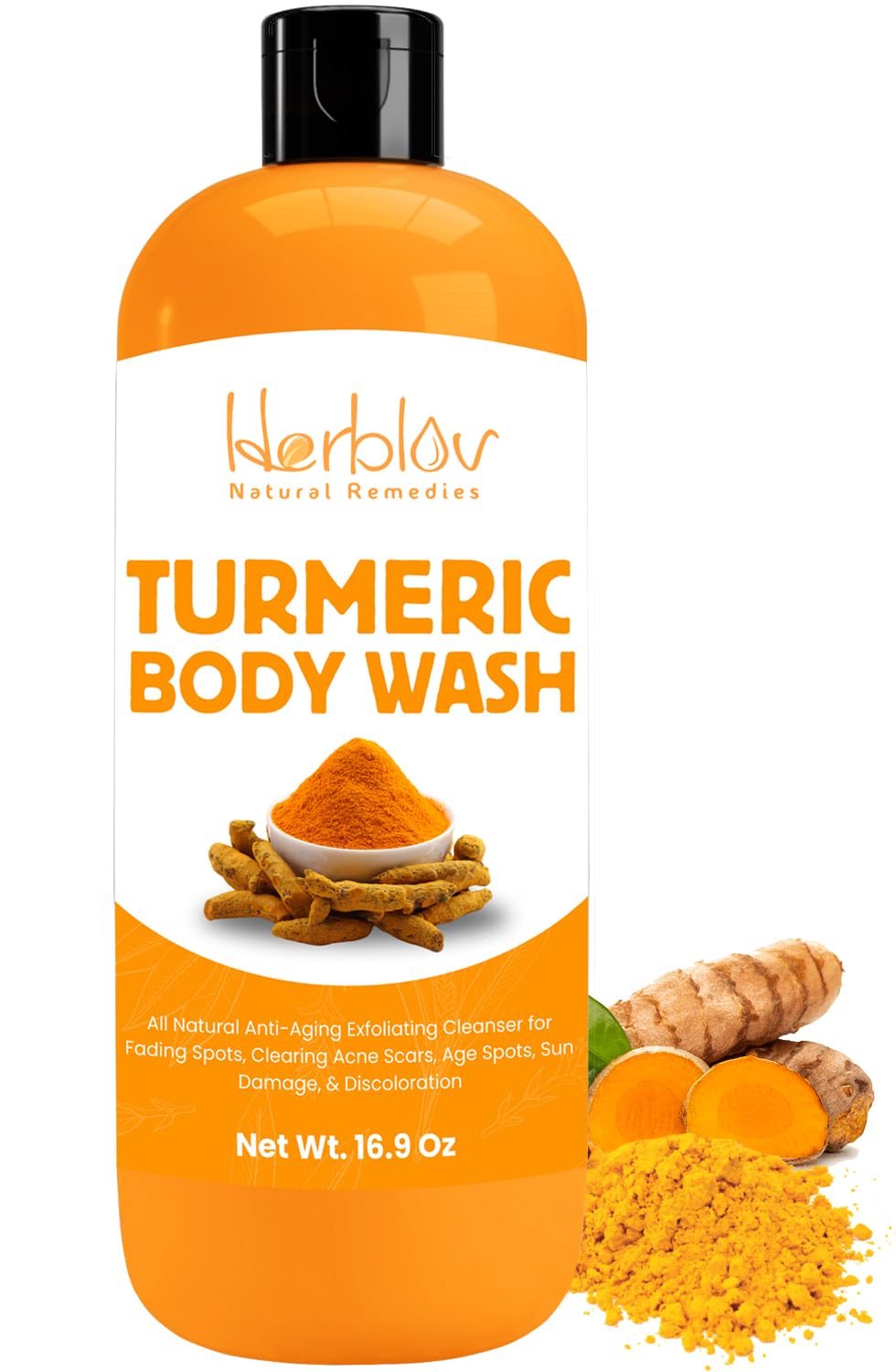 Herblov Turmeric Body Wash - Skin Brightening Liquid Soap for Discoloration - Natural Anti Aging Exfoliating Turmeric Body Wash 