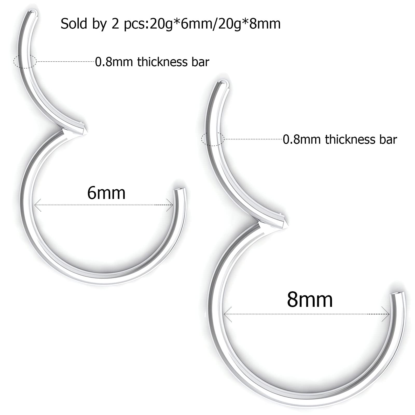 NewkeepsR 2PCS-0.8mm(20g) 316L Surgical Steel Hinged Clicker Segment Seamless Rings, Lobe Cartilage Tragus Earring Nose Hoop-6/8