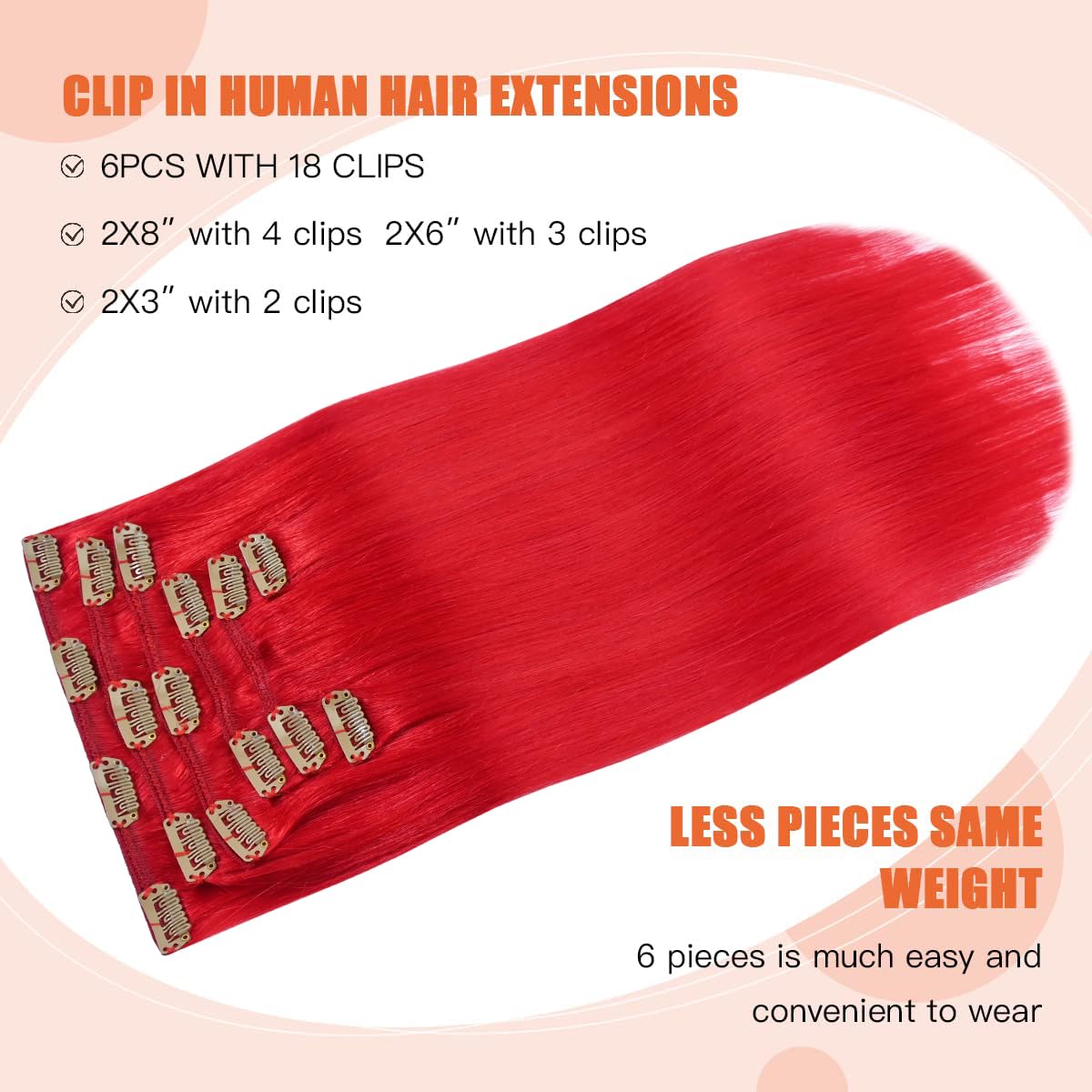 Ugotrays Red Hair Extensions Real Human, Hair Clip In Hair Extensions 70G 7Pcs 12 Inch,Soft & Natural Straight Double Weft Remy