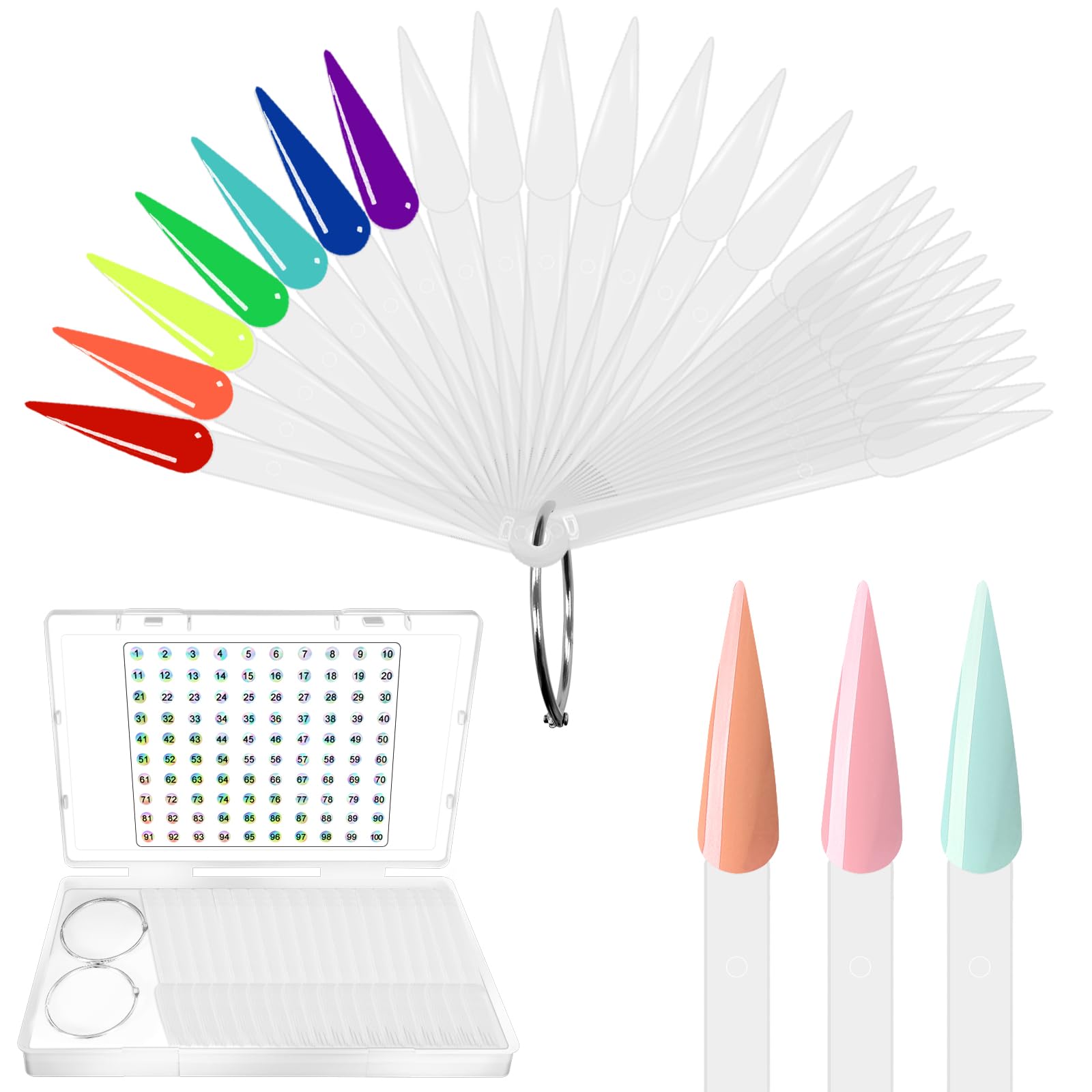Laza 100 Pcs Clear Nail Swatch Sticks Box-packed with Ring and Numbered Stickers Nail Art Polish Color Display Practice Tips Tra