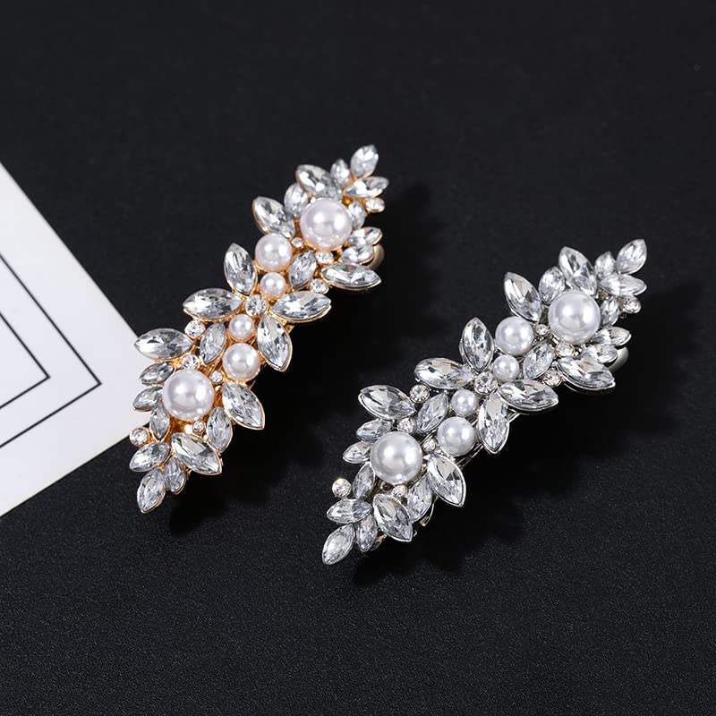 WHAVEL 2PCS Pearl Barrettes for Women, Rhinestone Hair Clips Pearl Hair Barrettes French Barrette Hair Clips Bridal Hair Pins De