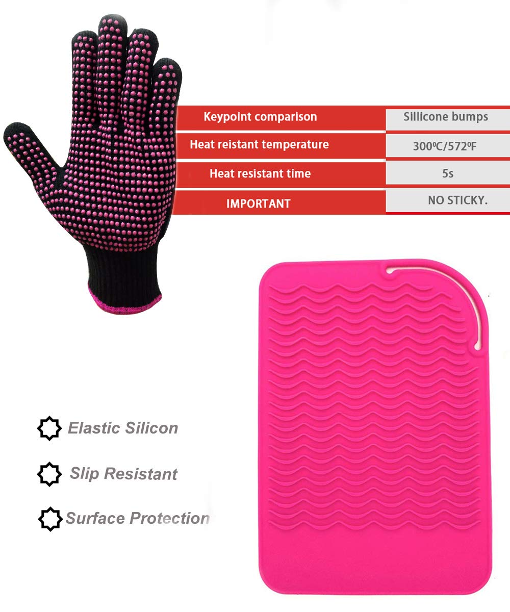 Heat Resistant Glove with Heat Resistant Mat for Curling Iron, Hair Straightener, Flat Irons, Silicone Bump Glove, 9