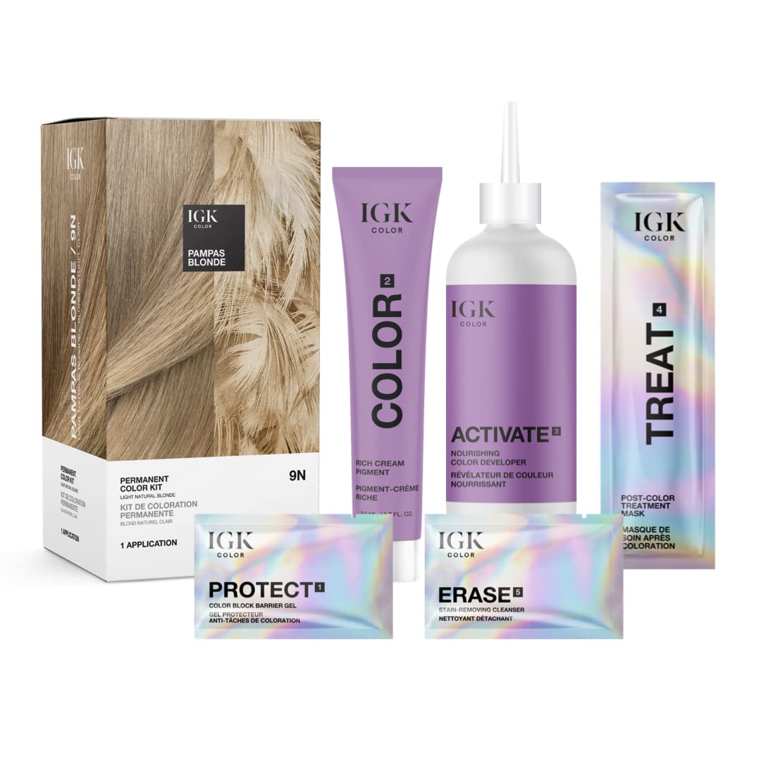Igk Permanent Color Kit Pampas Blonde - Light Natural Blonde 9N | Easy Application + Strengthen + Shine | Vegan + Cruelty Free +