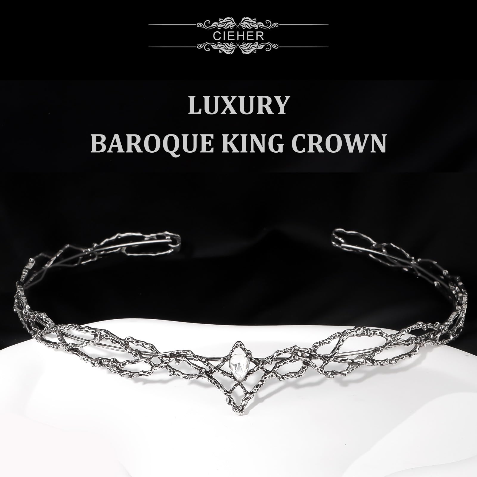 King Crown, Cieher Vintage Hobbit Elf King Black Crown Shape White Crystal Large Round Crown, Black Tiara Costume Headbands For