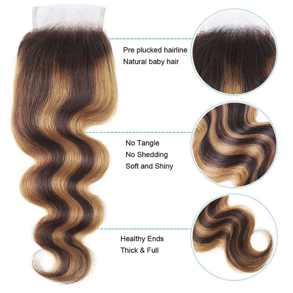 Isufer Brown Highlight Lace Closure Pre Plucked With Baby Hair Brazilian Virgin Hair Raw Remy Human Hair Ombre 18 Inch Swiss Lac