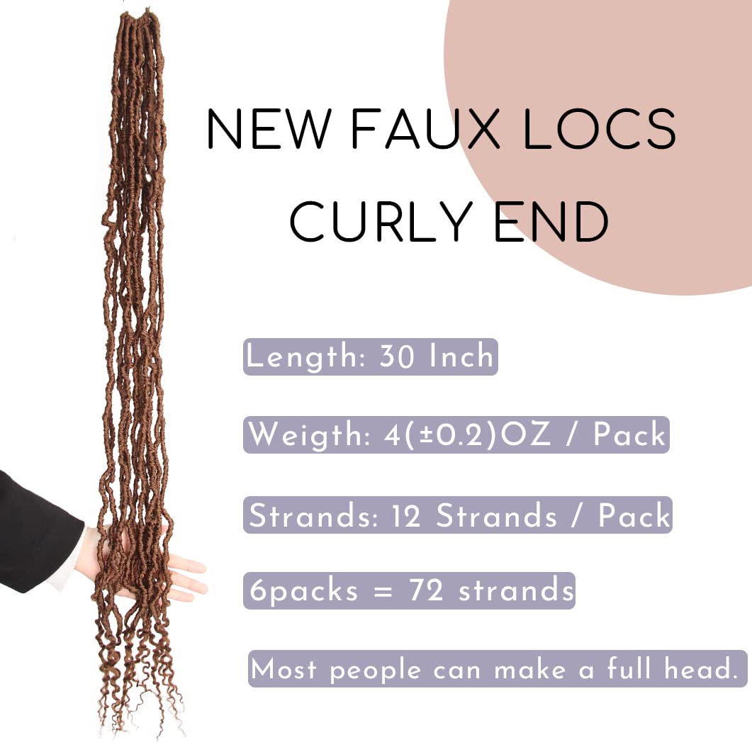 BOHOBABE 30 Inch New Faux Locs With Curly End 6 Packs Soft Locs Crochet Hair 72 Strands Long Natural Crochet Braids (6Packs,27#)