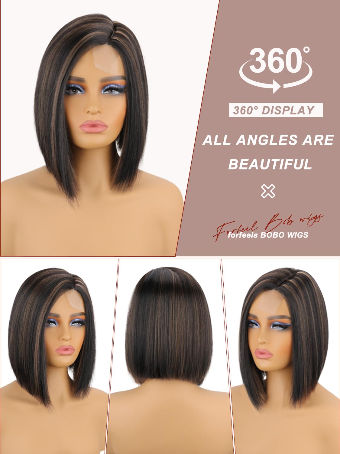 Forfeels Brown Bob Wig 10 Inch Synthetic Straight Wig With Side Part Natural Looking Heat Resistant Wig With Highlights For Wome