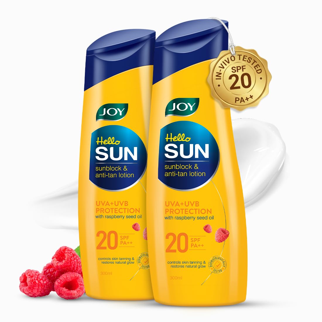 Joy Hello Sun Body Sunscreen Lotion Spf 20 Pa++ (300Ml X 2) Invivo Tested, For Tan Control & Body Moisturization | Lightweight, 