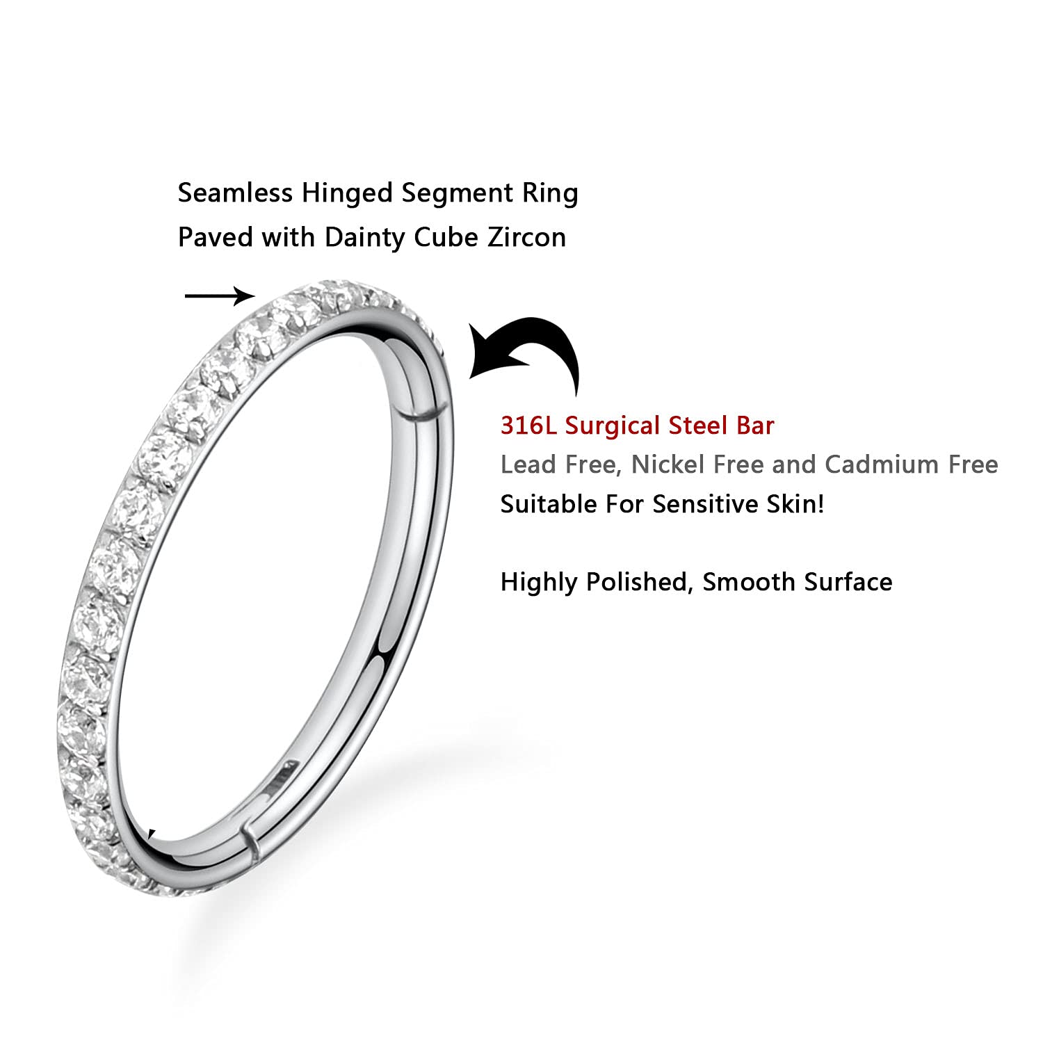 FUNLMO 16G Septum Jewelry 7mm Daith Earrings Septum Ring CZ Nose Ring Hoop Septum Clicker Cartilage Earring Hoop Helix Daith Tra
