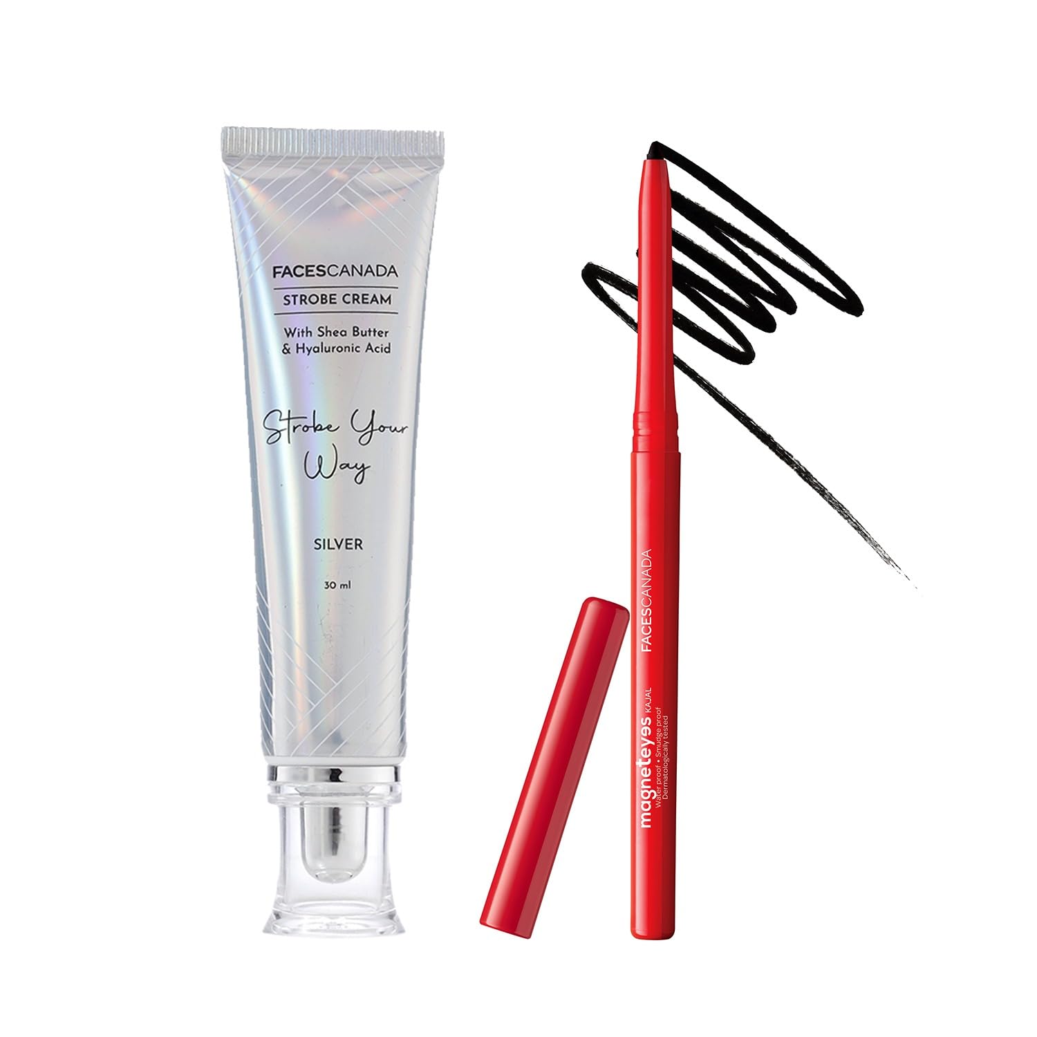 Facescanada Face & Eyes Duo | Silver Strobe Cream (30Ml) & Black Magneteyes Kajal (0.35G) | Highlighter Glow | Waterproof & Smud